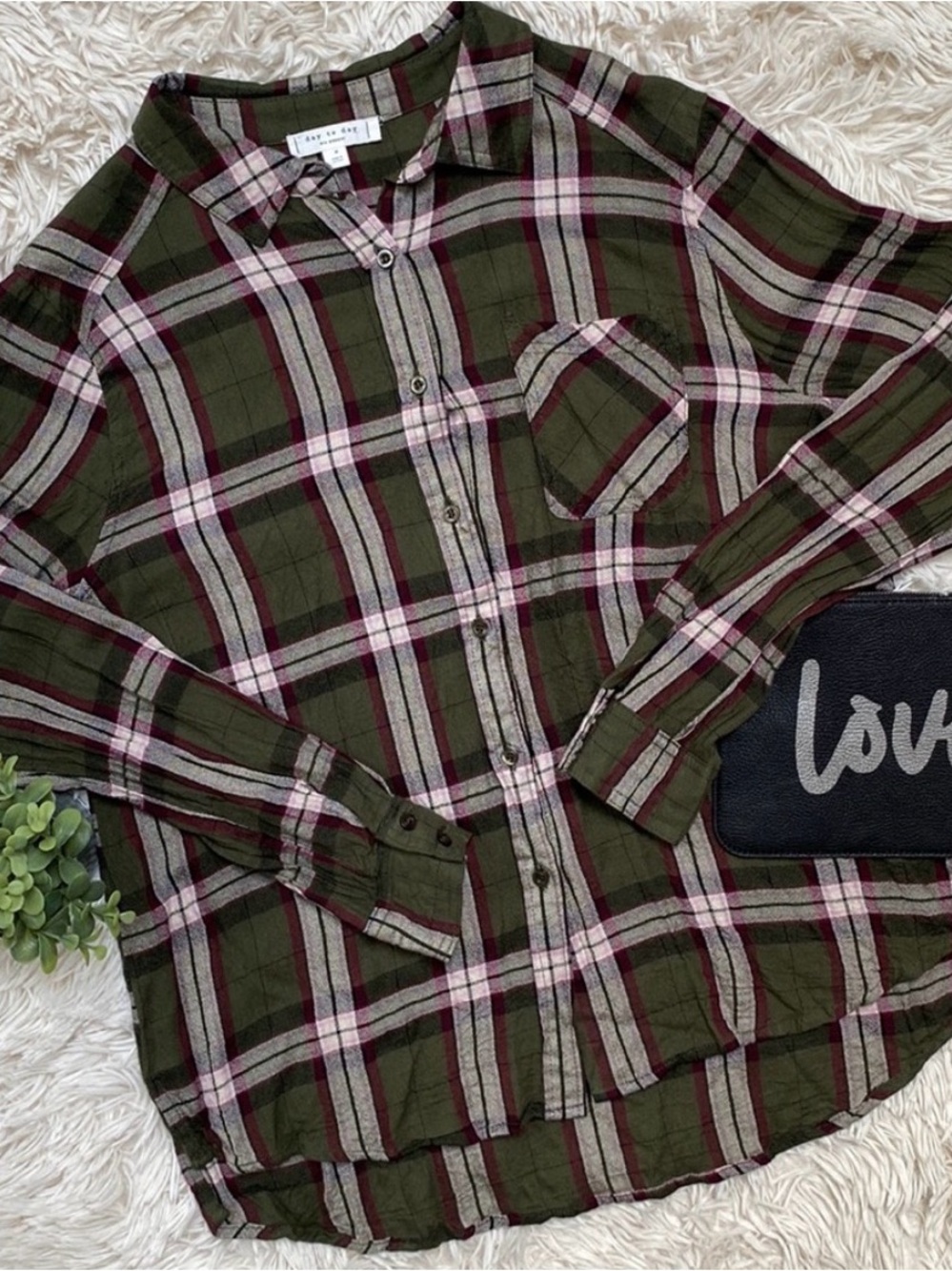Olive Green Plaid Button-Up Shirt - Womens EUC